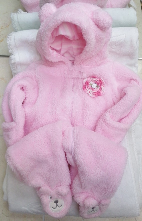 Girls Baby Infant Pink Fleece Snuggie Snowsuit Hood - Handmade Irish Rose - Size 6 months