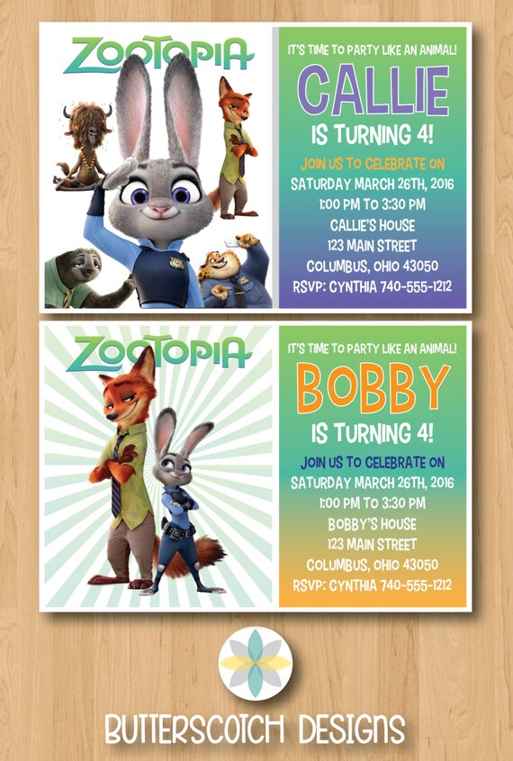 Zootopia Birthday Invitation Choose from 2 Different Designs