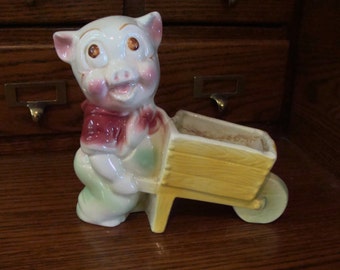 Vintage Shawnee Pig Pushing Wheelbarrow Planter Adorable