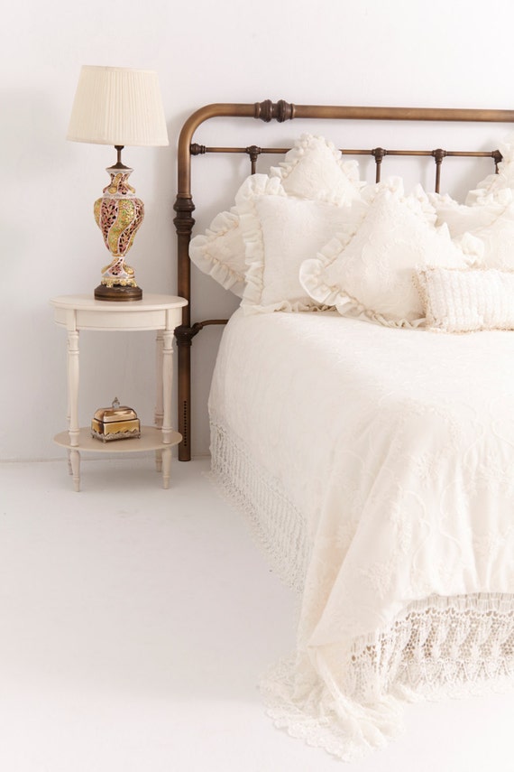 EMBROIDERED LINEN Like Bedding Creamy Ivory Lace by CloudHunterCo