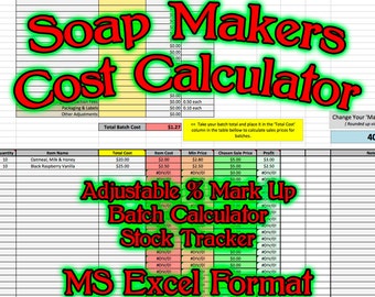 Soap Makers Cost Spreadsheet MS Excel Soaping Calculator Costing Batch Making Pricing Sheet Running Software Page Handmade Bar Loaf Business