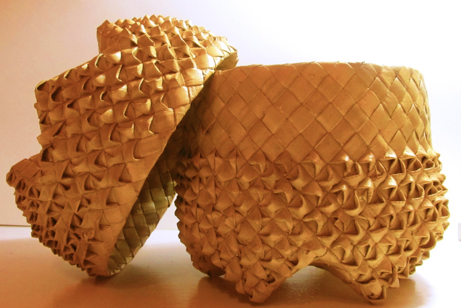 Hand Woven Lidded Basket Unusual Shape Round Tan Color