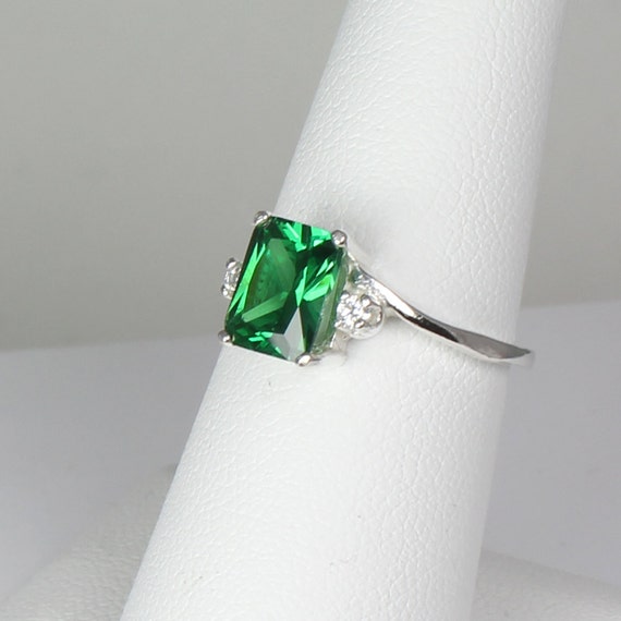 Sterling Silver Emerald Ring with Diamonds Lab / Emerald
