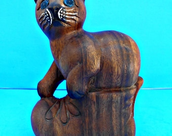 Large Wood Carved Cat, Kitty in a Boot, Hand Carved Cat Figurine, Hand Painted, Wood Cat Statue, Collectible Animal, Cat Art, Cat Decor