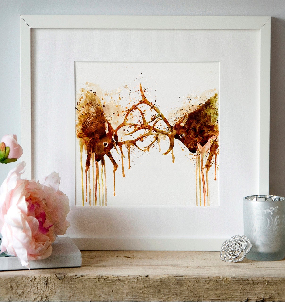 Elks Fight Watercolor painting Elk decor Deer Wall art