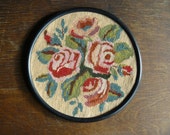 Framed Embroidery with Roses, Scandinavian Wall Hanging, Vintage Swedish Textile, Stitched Rose picture, Woolen Primitive Farmhouse Decor