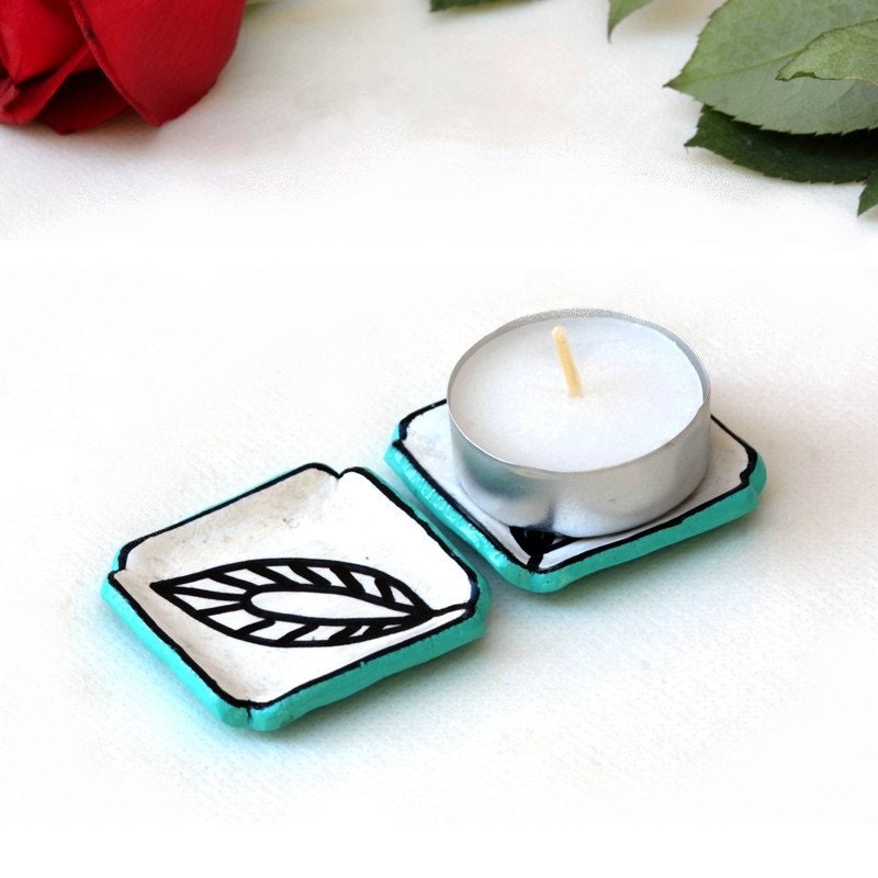 Turquoise Candle Holders set of 2 mint flower tea light