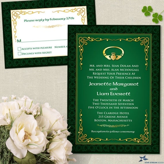 Irish Celtic Wedding Invitation | Green Gold Claddagh Knot