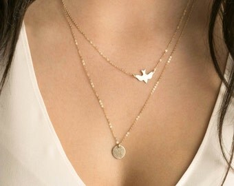 Delicate Bird Necklace Set with Initial Disk Necklace • 14k Gold Fill, Sterling Silver, Rose Gold • Dainty Necklaces: Bird & Disc • LS915