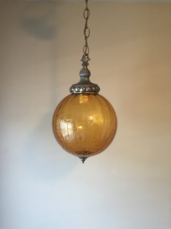Vintage Amber Crackle Glass Light Fixture Mid Century Ceiling