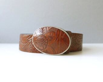 CLEARANCE Vintage Olga Santini Tooled Leather Belt Size M Brown Italian Leather
