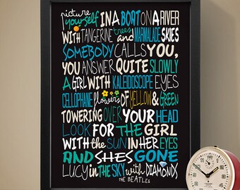 The Beatles - Lucy In The Sky With Diamonds Poster, Song Lyrics Print, Music Poster, Song Lyrics