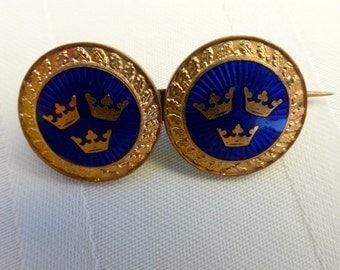 Vintage Gold & Blue Enamel Three Crown Brooch