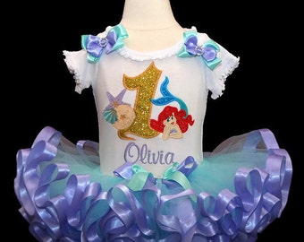 little mermaid birthday outfit, personalized 1st birthday girl outfit, Ariel shirt, first birthday outfit girl, cake smash outfit girl tutu