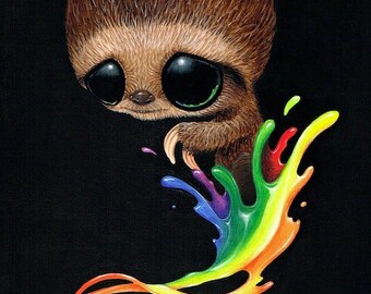 Sugar Fueled Pity Three Toed Sloth Animal Rainbow Splash Animal Pop Surrealism Lowbrow Big Eyes Eye Cute Canvas Giclee Art Print