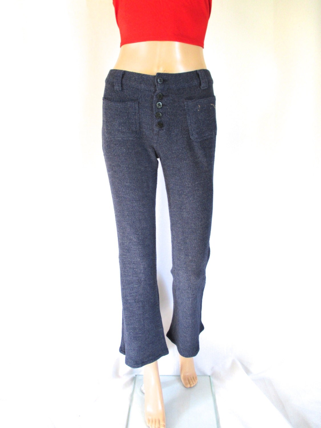 SALE 1970s Ribbed HipHugger Flare Pants Patch Pockets