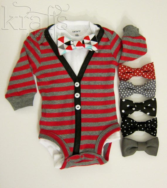 Baby Boy Red/Gray Stripe with Black Lining Cardigan Outfit