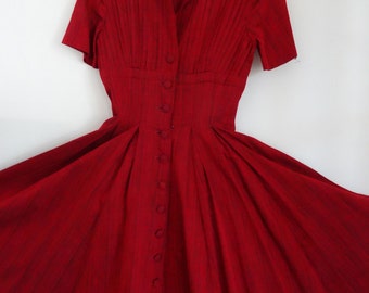 50's Dress Red Shirtwaist Elegant Cocktail Cotton Woven Dress Marilyn Monroe Small