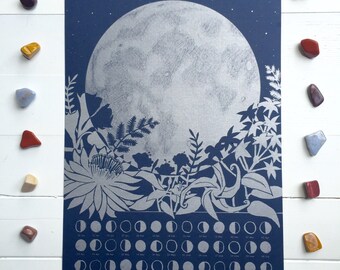 2017 Lunar Calendar Poster, Wall Calendar, Moon Phase, Moon Calendar, Moon Art, Lunar Phase, Silver Art Print, Astronomy Gift