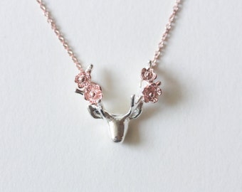 Flower deer statement necklace, antler necklace, rose gold necklace, rose gold jewelry, silver necklace, animal jewelry, bridesmaid gift