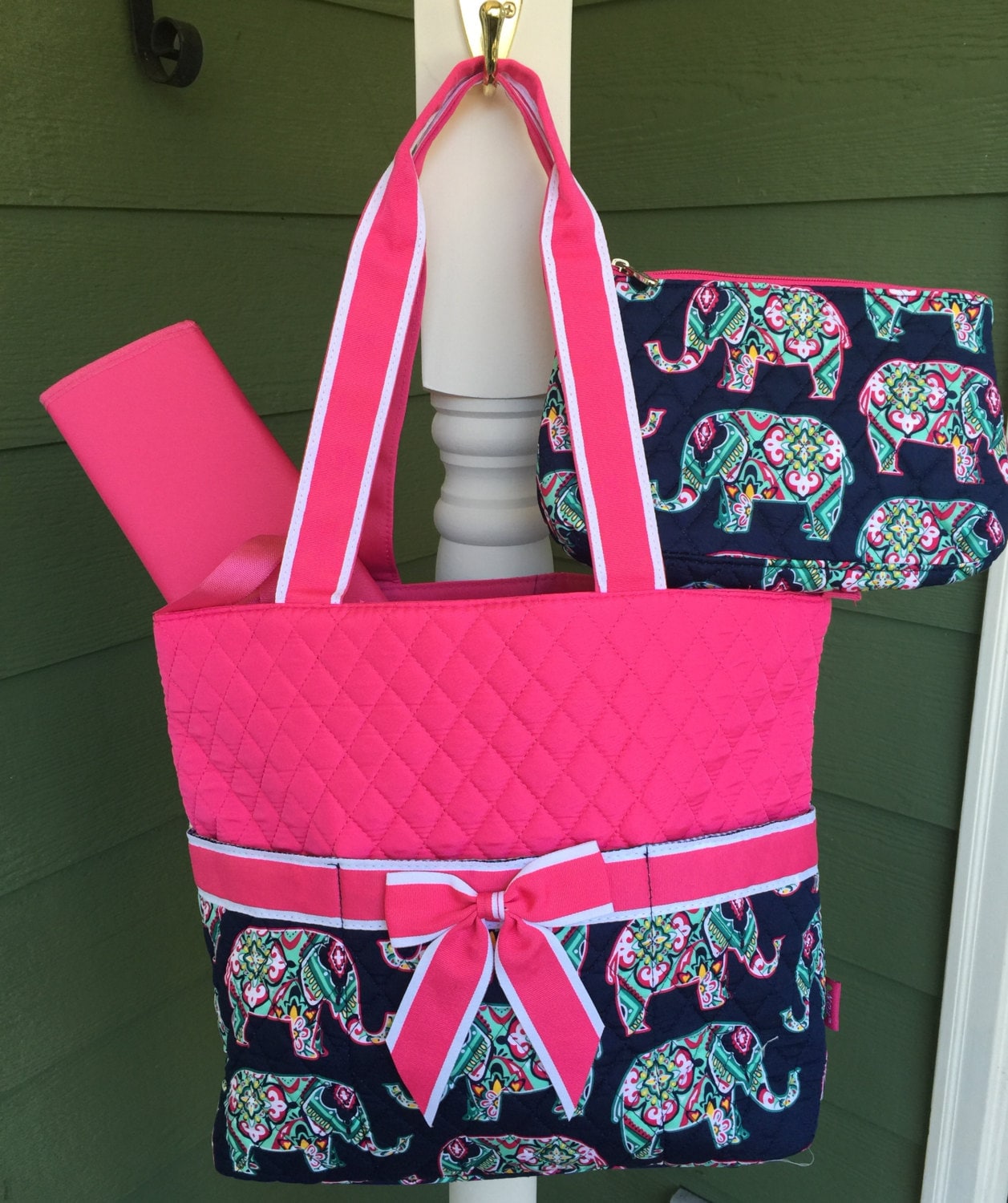 Baby Girl Pink and Navy Elephant Pattern Quilted Diaper Bag