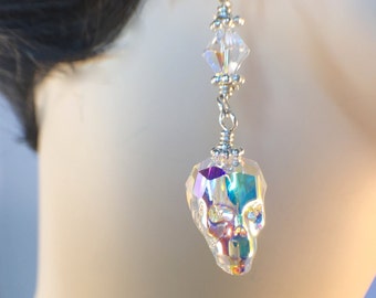 Swarovski Crystal Skull Earrings| Skull Crystal Earrings| Swarovski Crystal AB Beads| Multi-faceted Crystal Skull| Crystal Dangles