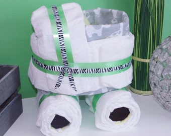 Stroller diaper cake green and gray, unique diaper cake, neutral gender diaper cake, baby boy or baby girl gift