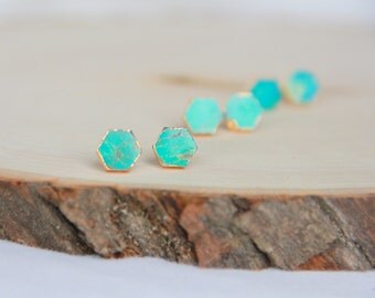 Turquoise hexagon stud earrings, Turquoise earrings, Stone studs, Modern jewelry, Small Earrings, Dainty Jewelry, Bridal Bridesmaid