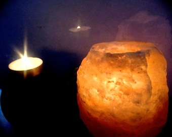 Himalayan Salt Crystal Rock Tea Light Candle Holder: Generate Negative Ions and aid in emotional balance, Anxiety, Asthma, Meditation. Pagan