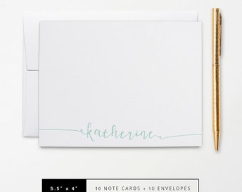 Flat or Folded Note Cards // Set of 10 // Cute Calligraphy Name in Teal, Green, Pink, Gray or Yellow // Personalized Stationery // S104