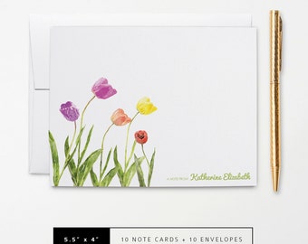 Flat or Folded Note Cards // Set of 10 // Watercolor Tulip Flowers with Name // Personalized Stationery // S108