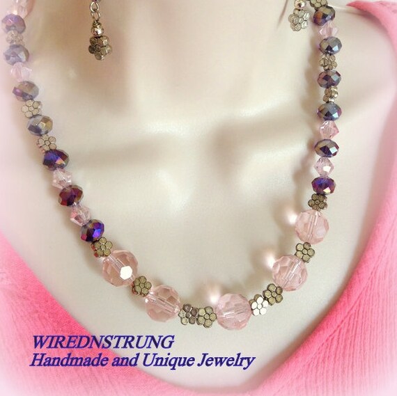 Pink and Purple Flower Necklace and Earring Set Gift for her