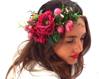 Pink flower crown, Wedding hair wreath, Custom headpiece, Bohemian Bridal, Rose red headband,Valentine day