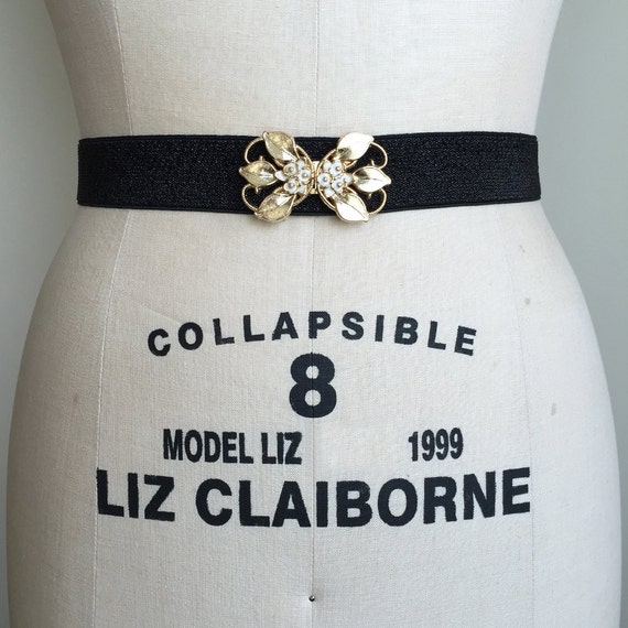Gold Flower Belt Black Waist Belt Gold and Cream Flower with