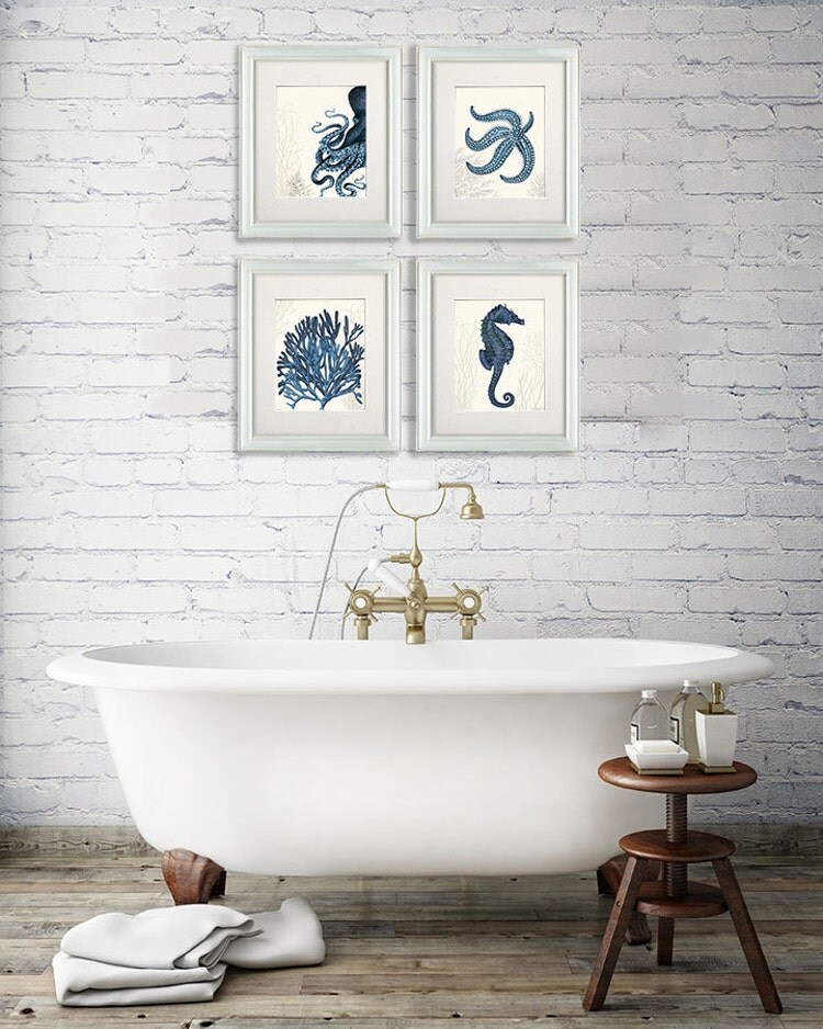 Nautical Bathroom wall art Set of 4 blue nautical by NauticalNell