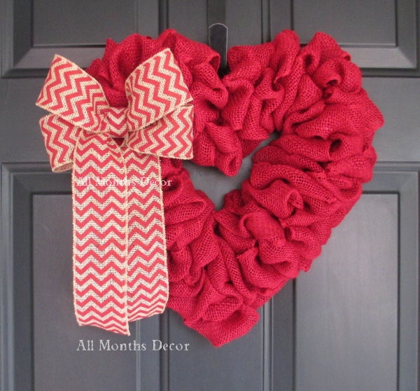 Red Burlap Heart Wreath with Red Chevron Bow Small 15 Inch