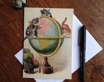 The Geography Lesson Adorable Vintage Kitten Card Repro Cat