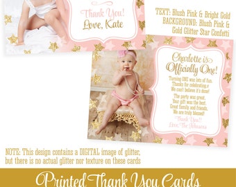 Twinkle Little Star Birthday Thank You Card w Photo - Pink Gold Glitter - Personalized Custom Professionally Printed FLAT Cards 5.25"x4.25"