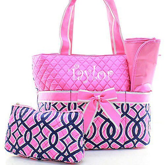 Monogrammed Pink and Navy Diaper Bag Personalized Diaper Bag