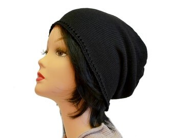 Black slouchy beanie, summer hat, Cotton beanie, crochet knit beanie, mens hat, gift for him, womens beanie, gift for her