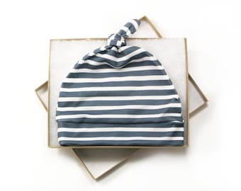 Navy Blue Stripe Newborn Hat/ Baby Hat/ Organic Cotton Hat/ Baby Knotted Hat/ Boy Knotted Cap/ Organic Baby Hat/ Newborn Infant Hat