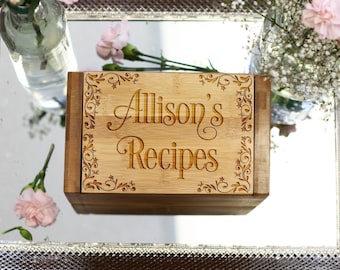 Custom Recipe Box & Dividers, Recipe Box Cards, Monogram Recipe Box, Mom Grandma Chef Foodie Housewarming Gift, Bamboo Wood --6814