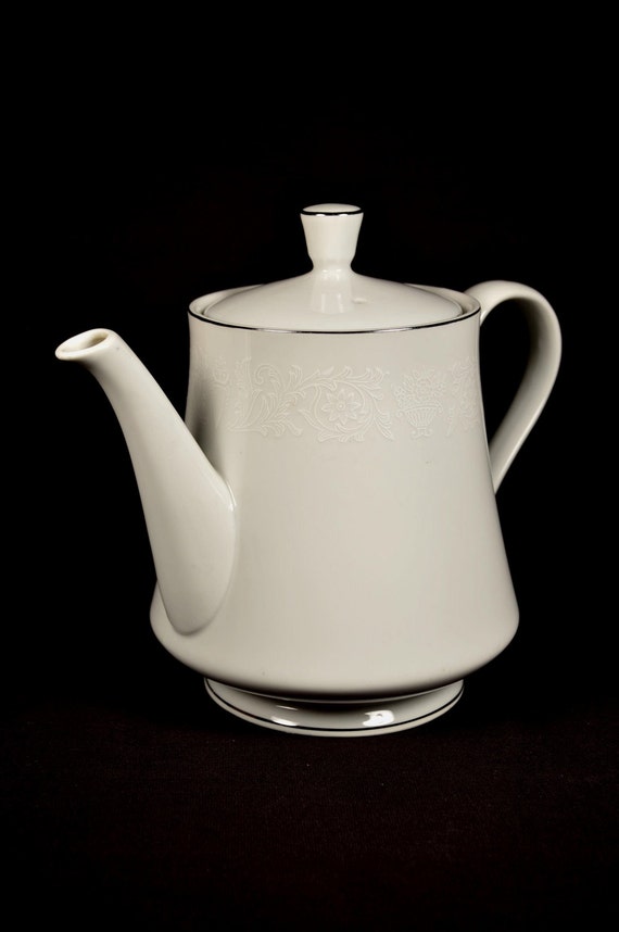 White Porcelain Teapot Silver Trim Crown by CeramicsGlassVintage