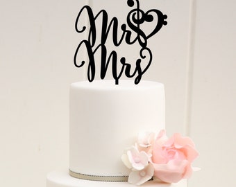 Mr and Mrs Wedding Cake Topper with Music Note Heart - Treble and Bass Clef Heart Custom Cake Topper