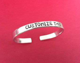 Custom Hand Stamped Bracelet - Aluminum Skinny Cuff Bangle - Personalized Gift - Retreat - Bulk Wholesale - Corporate Gifts - 1/4" Wide
