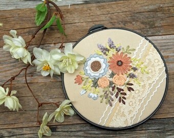 Pastel Floral Bouquet Embroidery Hoop Art - Pink and Blue Flowers on Vintage Lace Hankerchief Hanky - 5 Inch Metal Hoop - Hand Embroidered