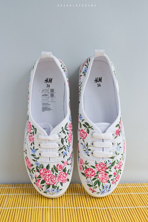 Hand painted Women Canvas Shoes white sneakers with pink