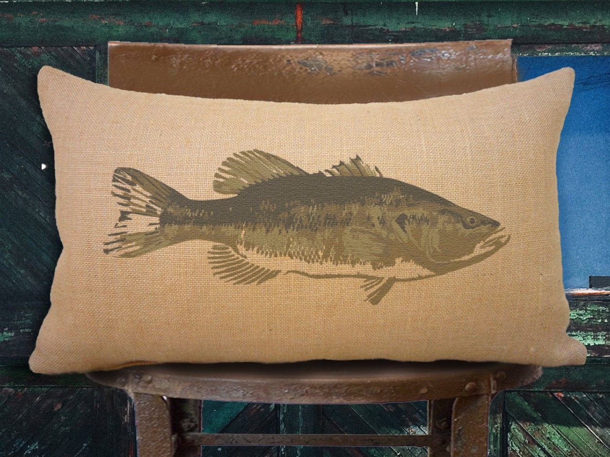 Bass Burlap Pillow Cabin Decor Wildlife Art Man Cave