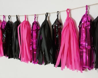 Hot Pink Metallic Tissue Paper Tassel Garland, Diva Party, Princess Party, Minnie Mouse Decoration, Birthday Party, Paper Decorations, Poms