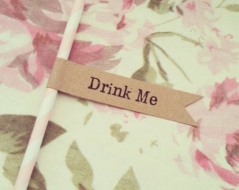 16 Paper Straws with Kraft 'Drink Me' Flags - Wedding, Engagement, Party